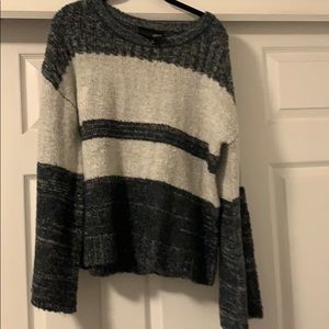 Grey and blue striped bell sleeve sweater